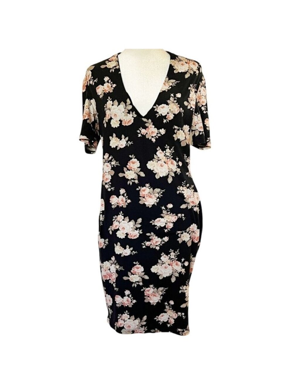 Dark Floral Womens Sz L Bodycon Dress Black Rose Coquette Dark Feminine Romantic - Picture 2 of 13